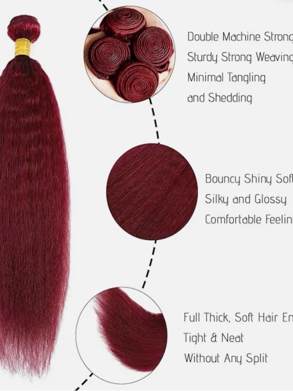 Yaki Straight Hair Kinky Bundle 8” 10” 12” + 2 Wig Caps Burgundy Soft Natural